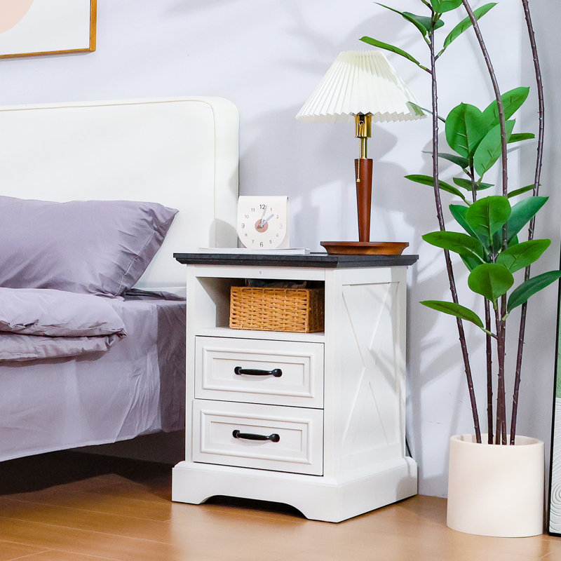 End Table With Drawer And Charging, White/Gray