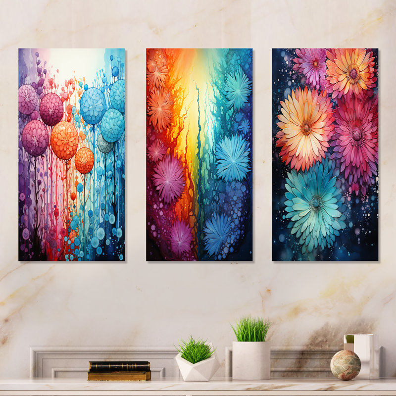 Colourful Botanicals Firework I - Abstract Botanicals Metal Art Print Set Of 3, 28" H x 36" W