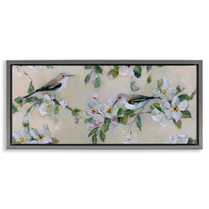 Oiseaux chanteurs perchés sur des branches, H 11 po x l 25 po, Cadre flottant gris lustré