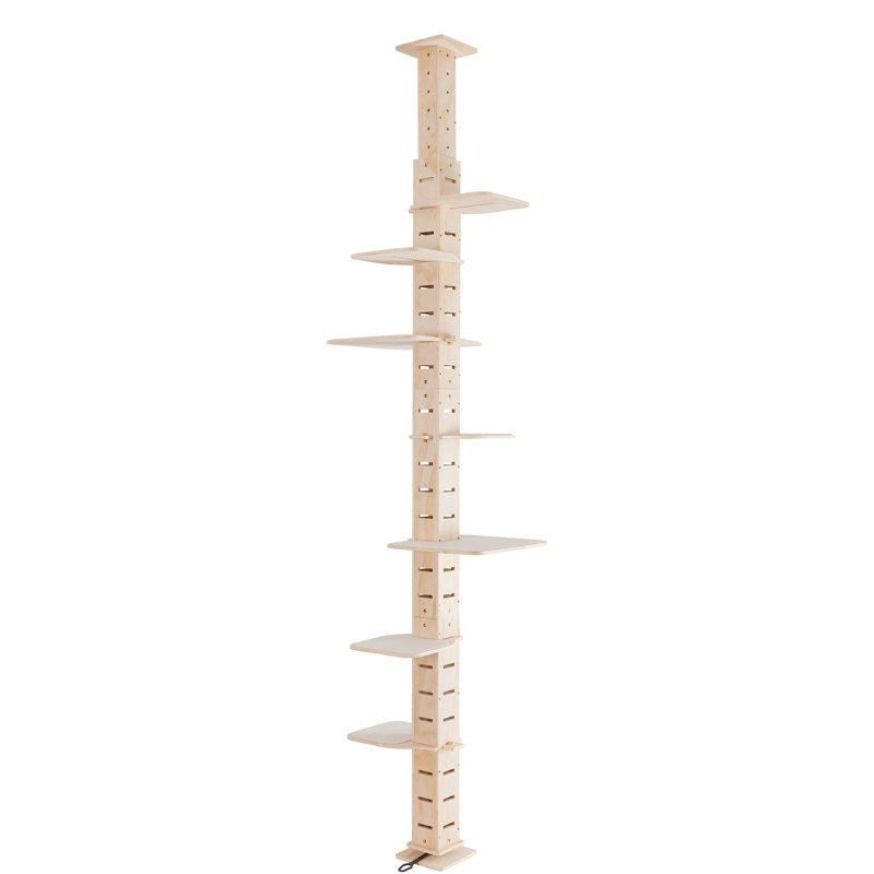Arbre à chat à plancher réglable. Abri vertical à plusieurs niveaux. Fabrication en pin multi-couches. Avec tablettes perchées et tapis en flanelle. Curiosité des chats. Aucun perçage requis. Couleur naturelle du bois.