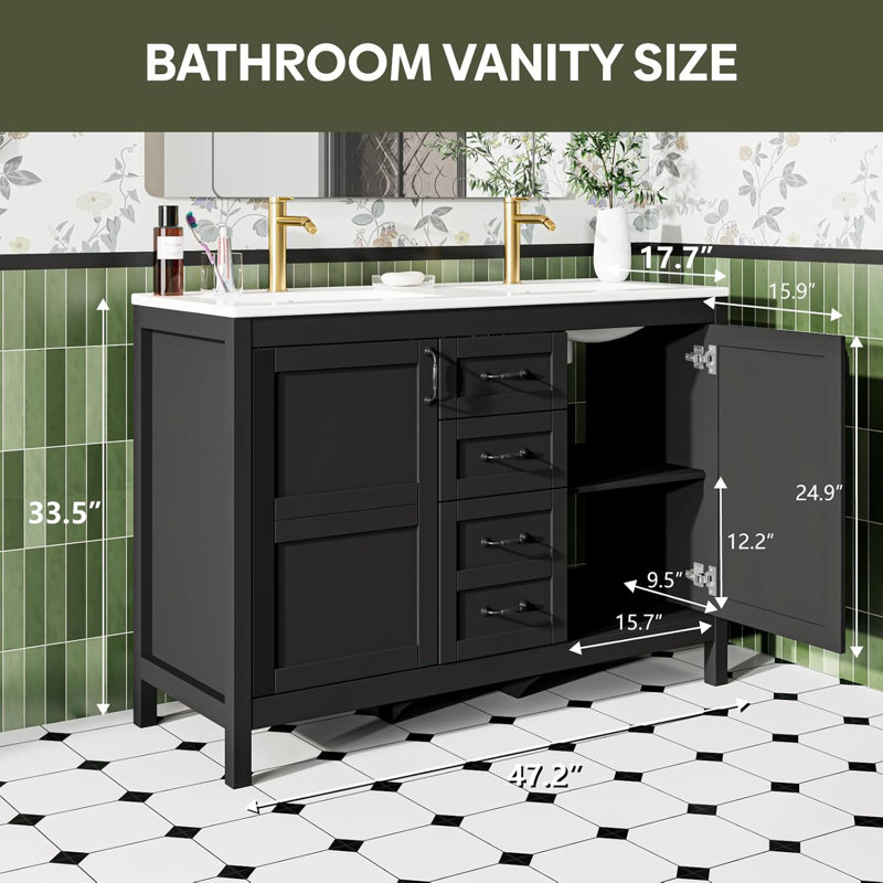 Ensemble de meuble-lavabo double 48 po avec 3 tiroirs et portes Farmhouse, Noir