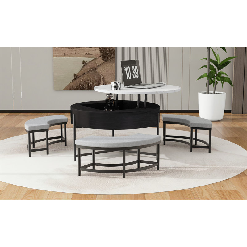 Functional and Stylish Modern Round Lift-Top Coffee Table Set with Three Ottomans for Enhanced Living Space Utility, Black