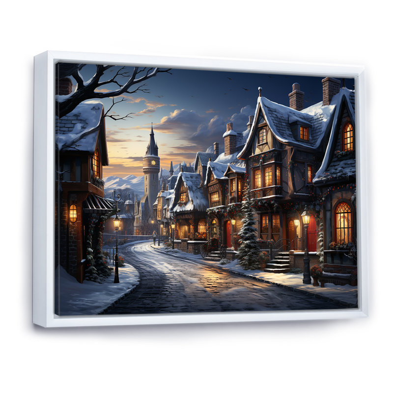 «European Winter City By Night - Winter Landscape», art mural, Cadre flottant doré, H 24 po x l 32 po x P 1 po