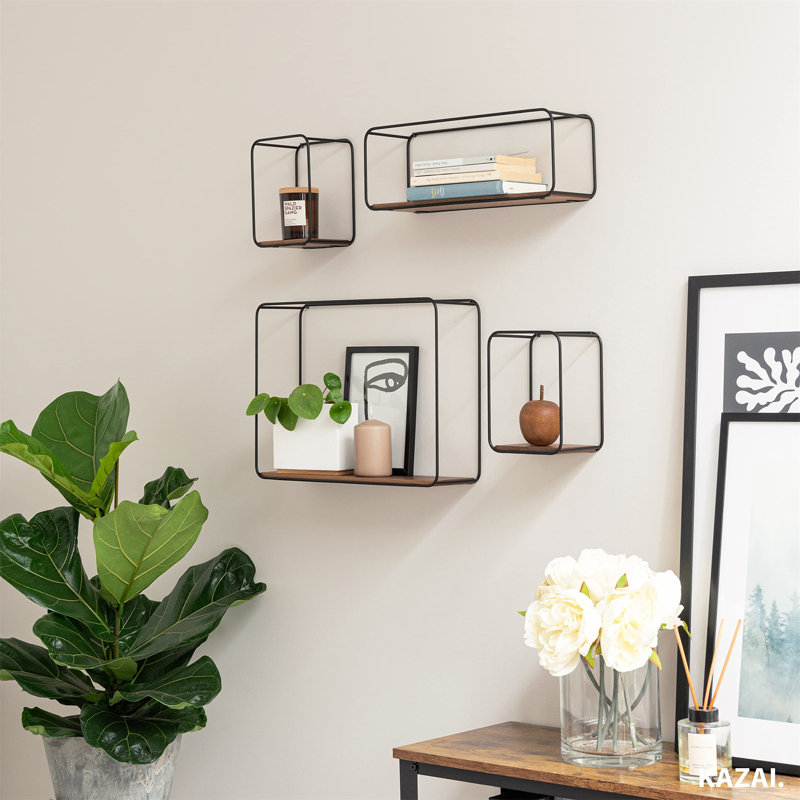 Wall Shelves | 4-Part Shelving Unit Made Of Metal And Real Wood Veneer | Wall Decor, Storage And Book Shelf For Bathroom, Living Room, Kitchen, Bedroom And More | Walnut