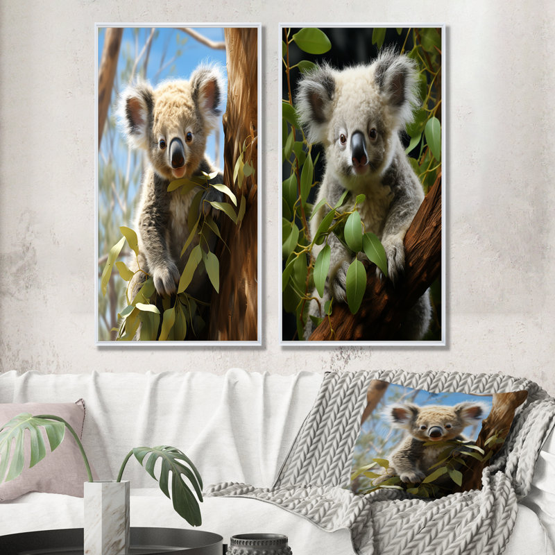 «Realistic Koala Eucalyptus Observer II», ensemble de 2 reproductions d'art mural Koala, Cadre flottant blanc