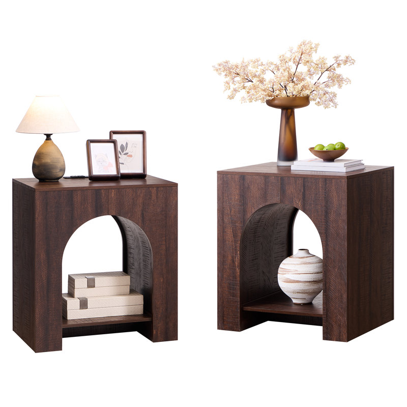  Arched End Table Set of 2 with Type-C Charging Station, 22" Modern Bedroom Sideboard with Arched Shelf, Brown, Set of 2