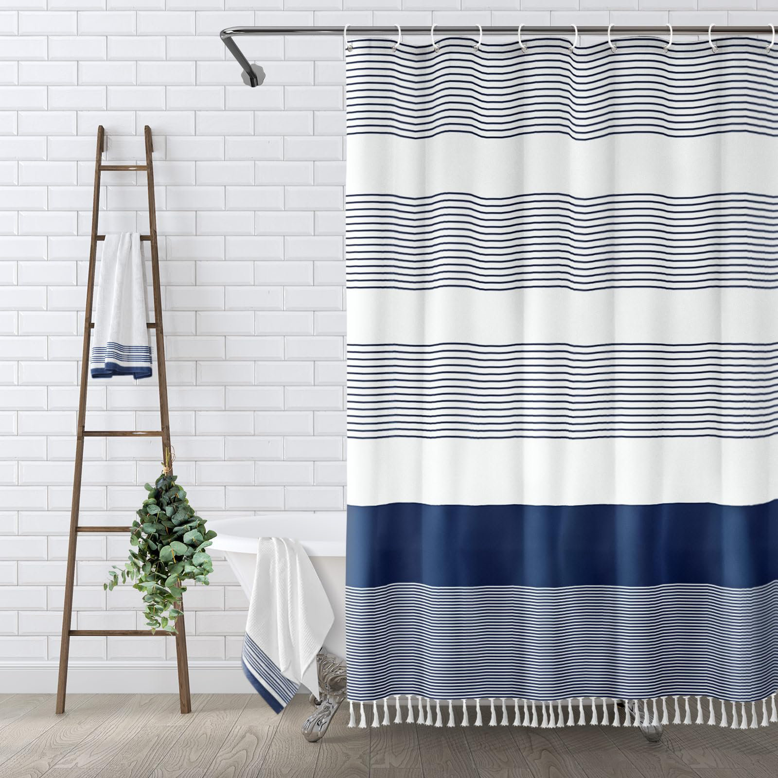 Longshore Tides Navy Blue Shower Curtain For Bathroom Stripe Tassel