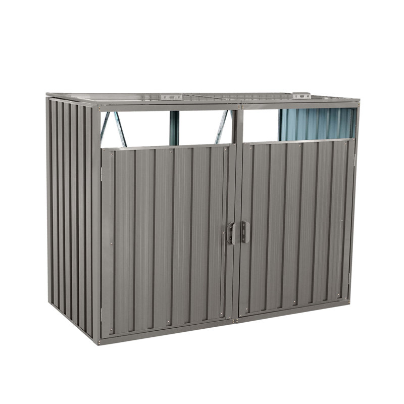 Garbage Bin Shed Stores 2 Trash Cans Metal Outdoor Bin Shed for Garbage Storage, Gray