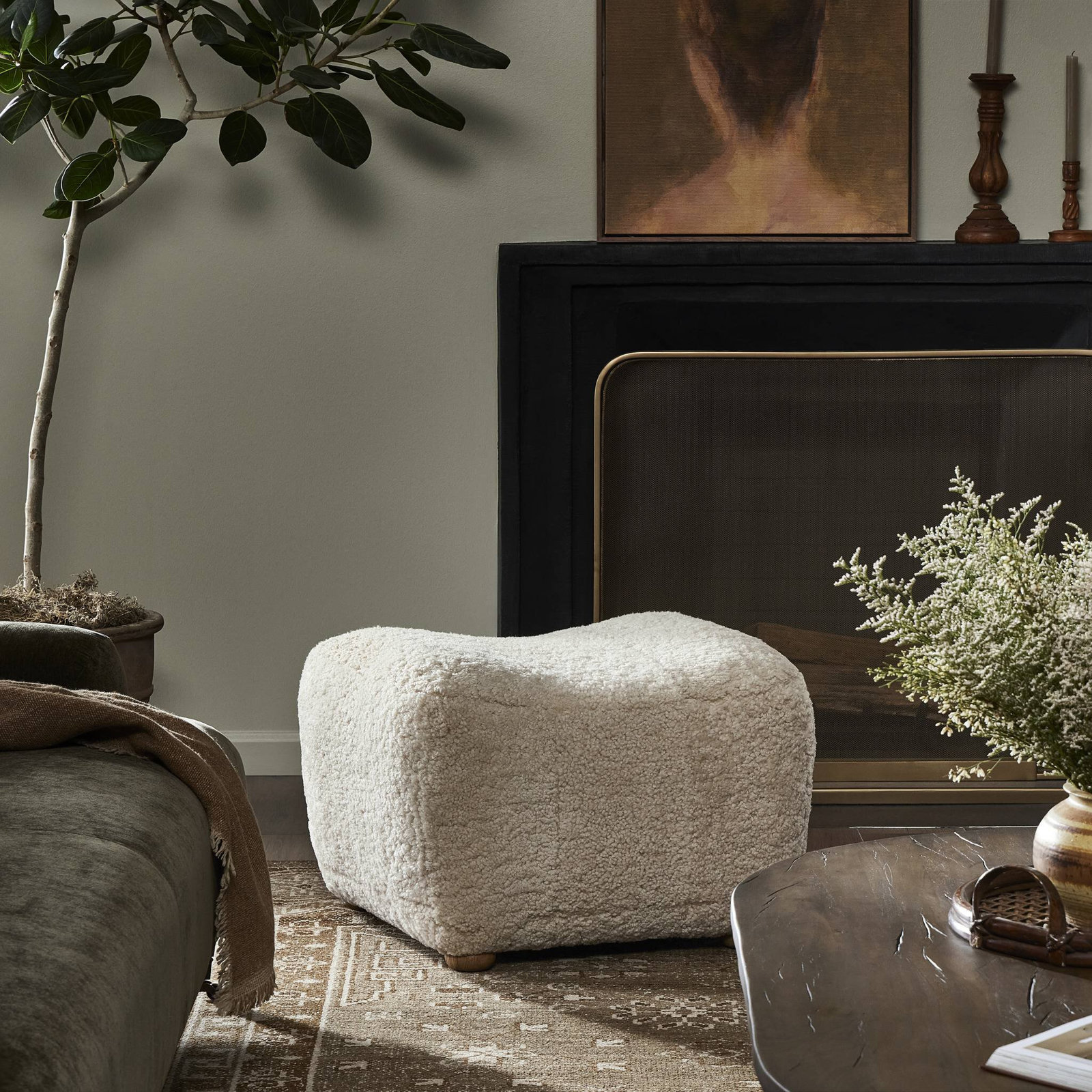 Oslo Ottoman, Beige Shearling, Worn Oak
