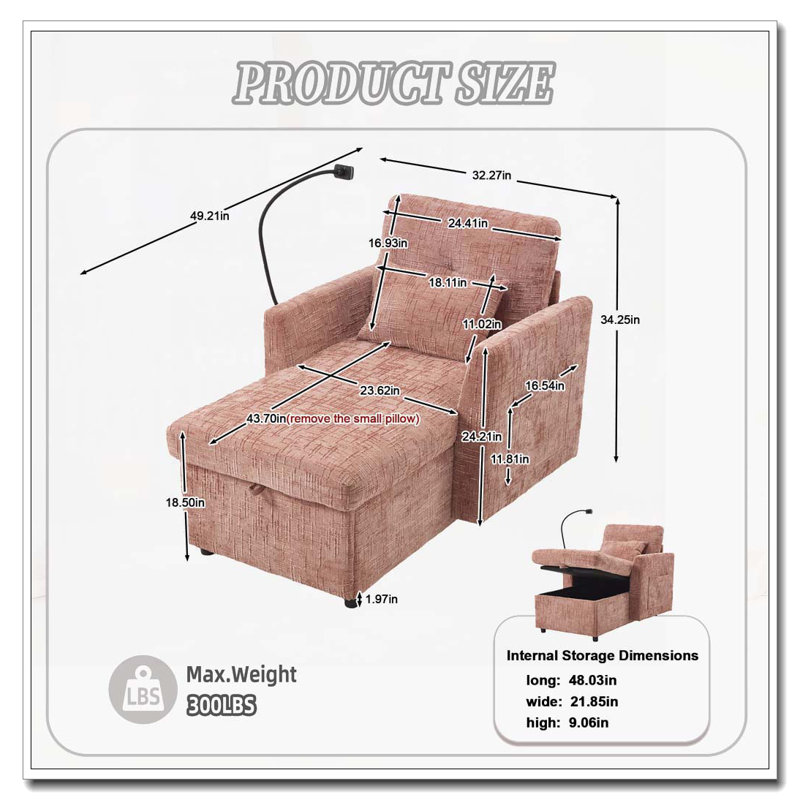 Chaise longue en chenille avec rangement, Rose