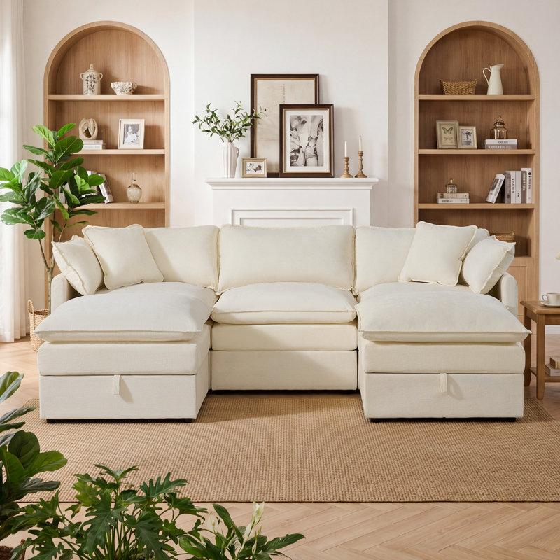 George 102" Modern 5 Seat Upholstered Chenille U Shaped Sectional Sofa with Storage Seats, Beige Chenille