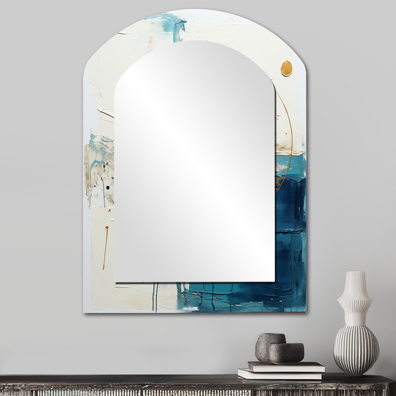 «New Harmony» circulaire abstrait en blanc et bleu - miroir géométrique de forme irrégulière, miroir mural asymétrique turquoise unique, reproduction d'art en métal