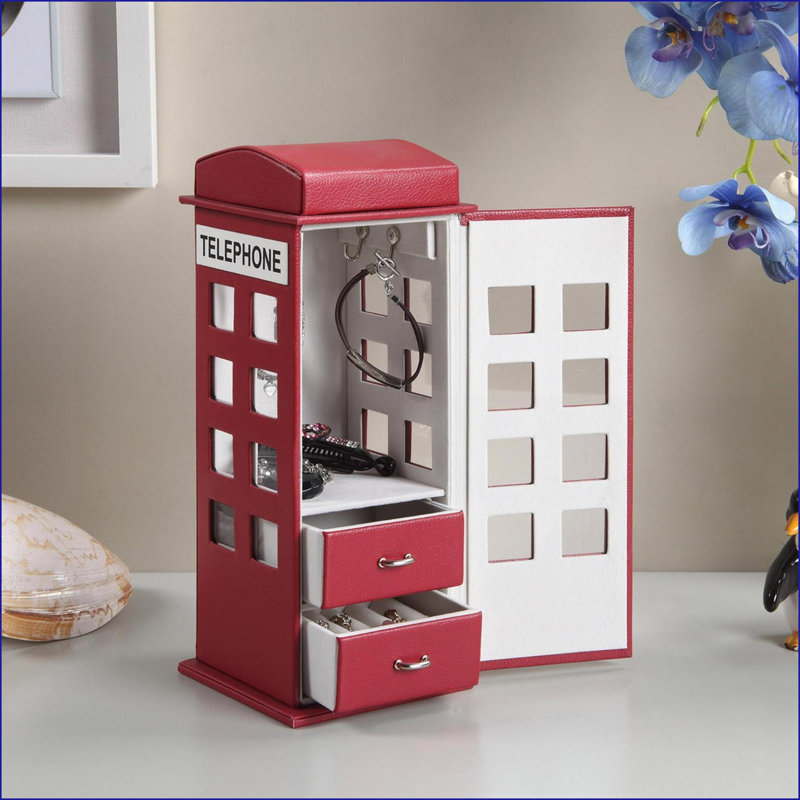 Boîte à bijoux, conception de téléphone britannique de 11,5 po de hauteur avec présentoir en acrylique | Bourgogne | Cuir