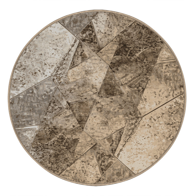 Machine Washable Arverne Rustic Stone Rug in Gray – Beige Binding, 4' Round