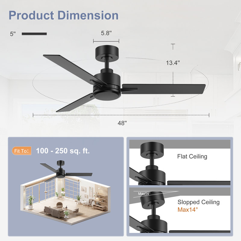Imamuddin 48-Inch Ceiling Fan Black 3 Blade Outdoor Fans for Patios Indoor Fan with Remote Quiet DC Motor Reversible 6 Speed Timer
