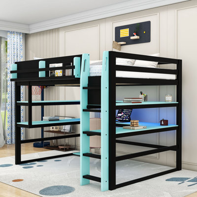 Lit mezzanine en bois avec bandes lumineuses, bureau, tablettes et ports de chargement USB