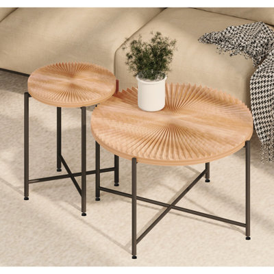 Ensemble de tables basses et de tables de bout à motif 2 pièces - Panneau de fibres à densité moyenne imperméable avec revêtement en PVC, conception cylindrique vieillie, pieds en métal noir - charme rustique classique, brun cèdre rouge