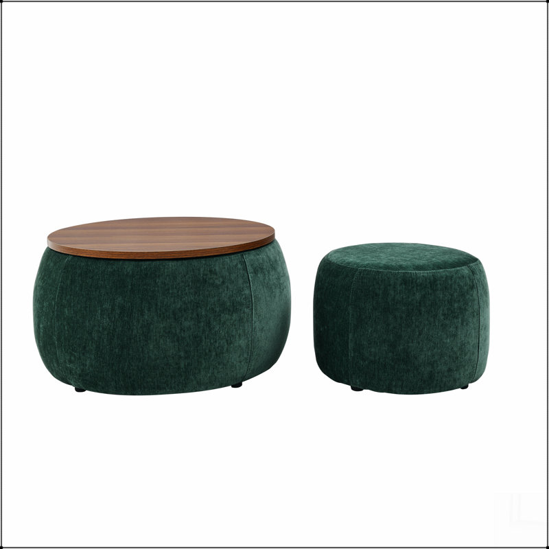 Round Storage Ottoman, 2 in 1 Function, Work as End table and Ottoman,with small seat,(25"x25"x14.7"), Green