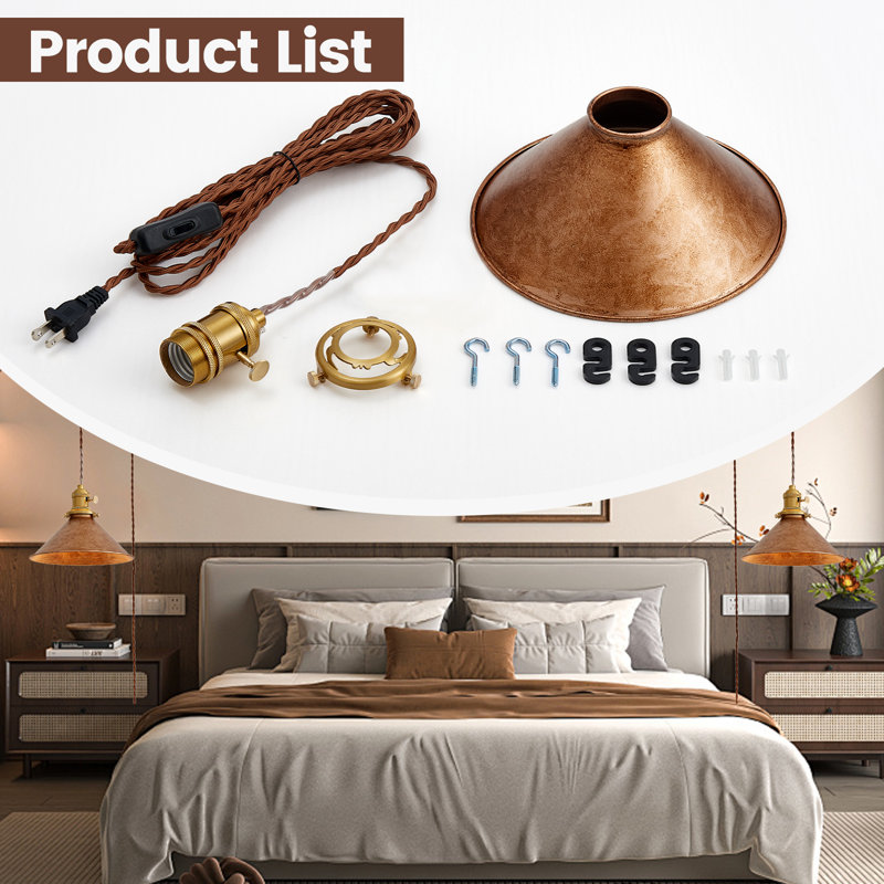 Oyisen Plug in Pendant Light 8.2 Inch Rusted Copper Shade Vintage Industrial Design On/Off Switch 14Ft Adjustable Cord Hanging Lamp Plug in for Living Room,Bedroom Hanging Light 2 Pack
