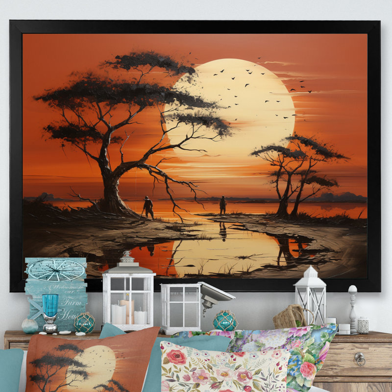 Coucher de soleil africain tribal I - art mural tribal africain, H 30 po x l 40 po x P 1,5 po, Cadre simple noir
