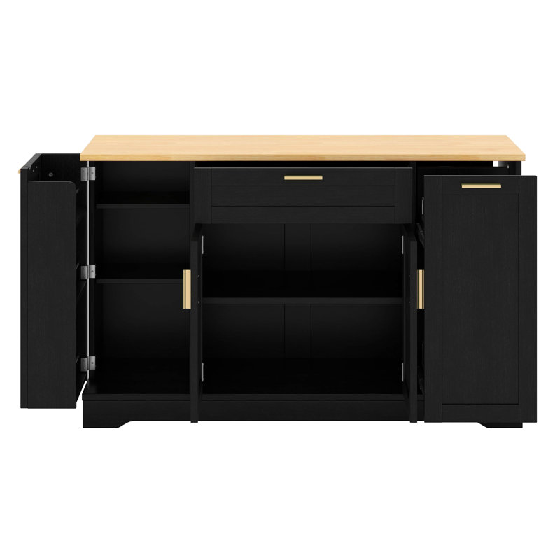 Multi-Functional Storage Sideboard, Extendable Dining Table, Adjustable Shelves, 3-Tier Pull-Out Rack, Black
