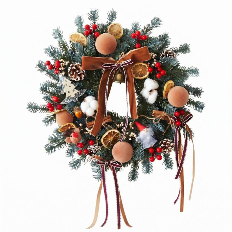 Couronne de Noël artificielle 19,7 pouces avec nœud rouge et éléments rustiques, décoration des Fêtes