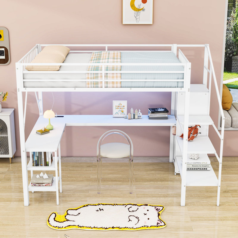 Metal Loft Bed With Open Wardrobe, LED Light, Desk, Charing Station And Storage Stair, Full, White