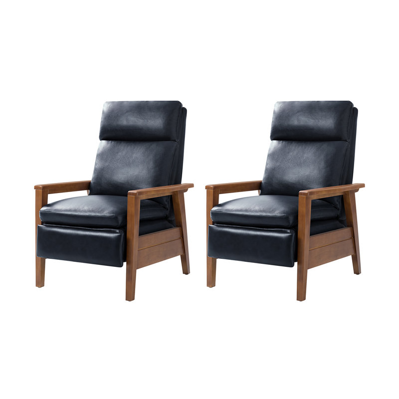Gladys Mid-Century Modern Genuine Leather Pushback Recliner, Navy Genuine Leather