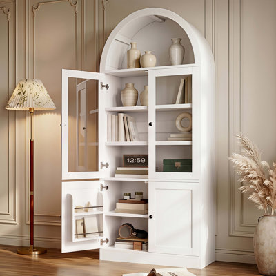 Bibliothèque arquée avec portes en verre trempé, étagère de présentation à 5 niveaux avec armoire de rangement, bibliothèque autoportante pour salon, bureau, salle à manger