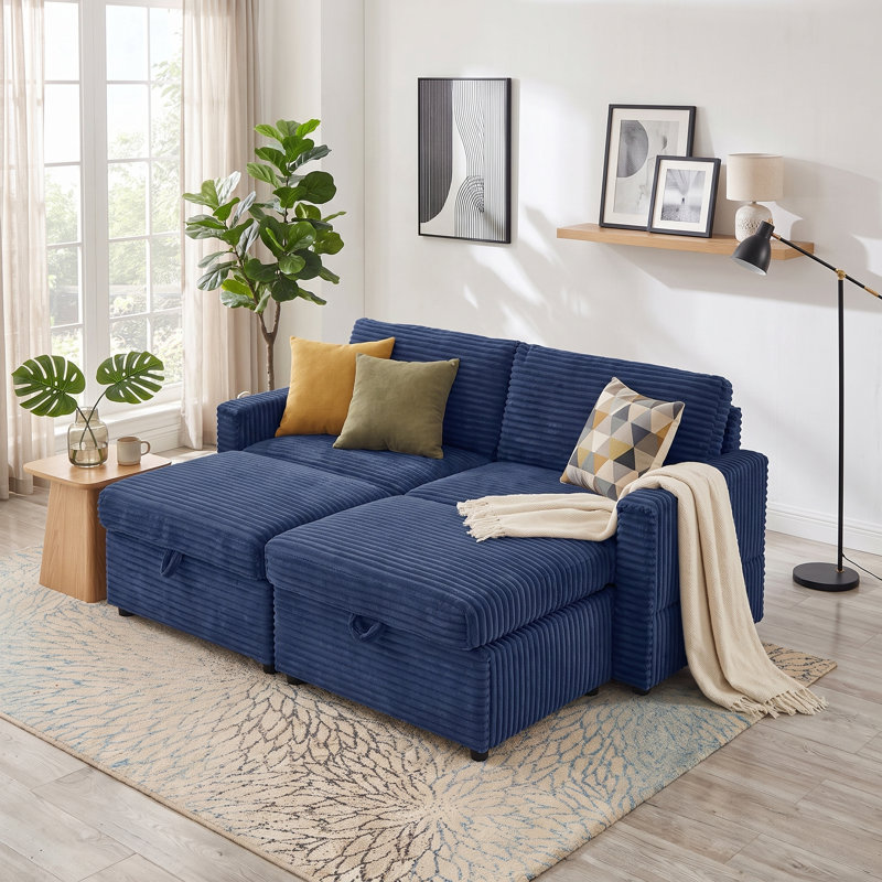 Comfortable Fluffy Corduroy Lazy Big Loveseat Couch, Super Soft Chaise Lounge 2-Seater Sofa with Double Storage Ottomans, Table Board & USB Port for Living Room