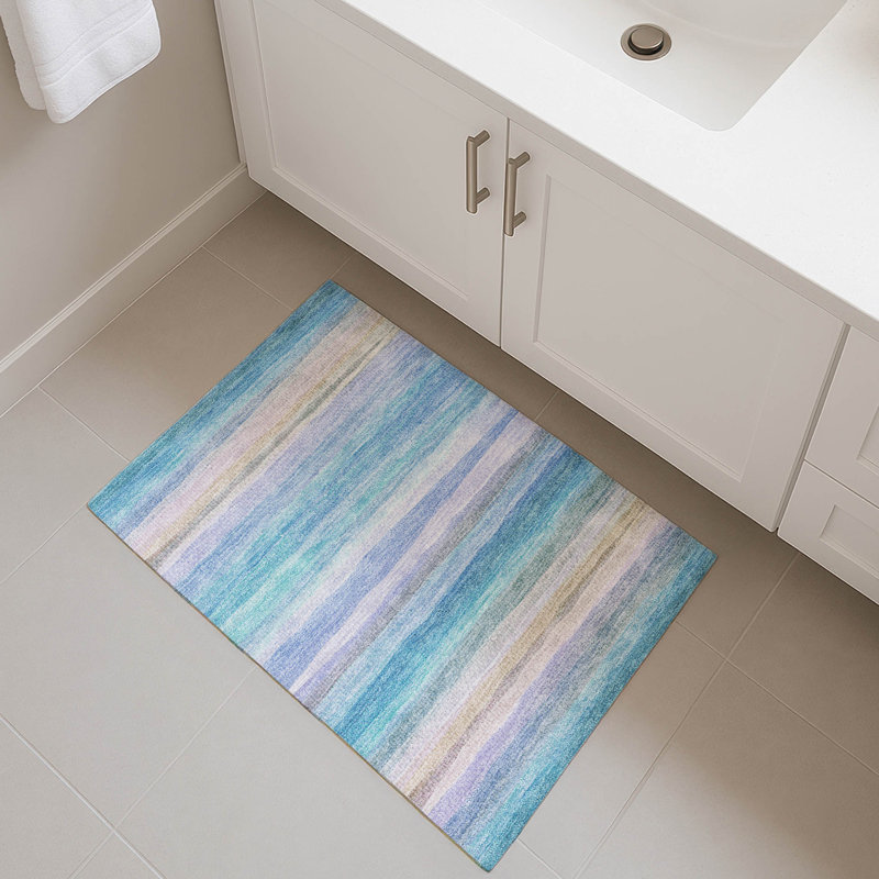 Premium Machine Washable Mayfield AMF2093 Striped Rug, Aqua, 1'8" x 2'6"