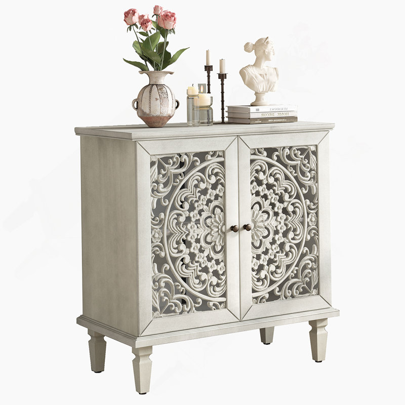 Accent Cabinet, 2-Door Display Storage Cabinet, Sideboard With Adjustable Shelf And Solid Wood Legs, Antique White