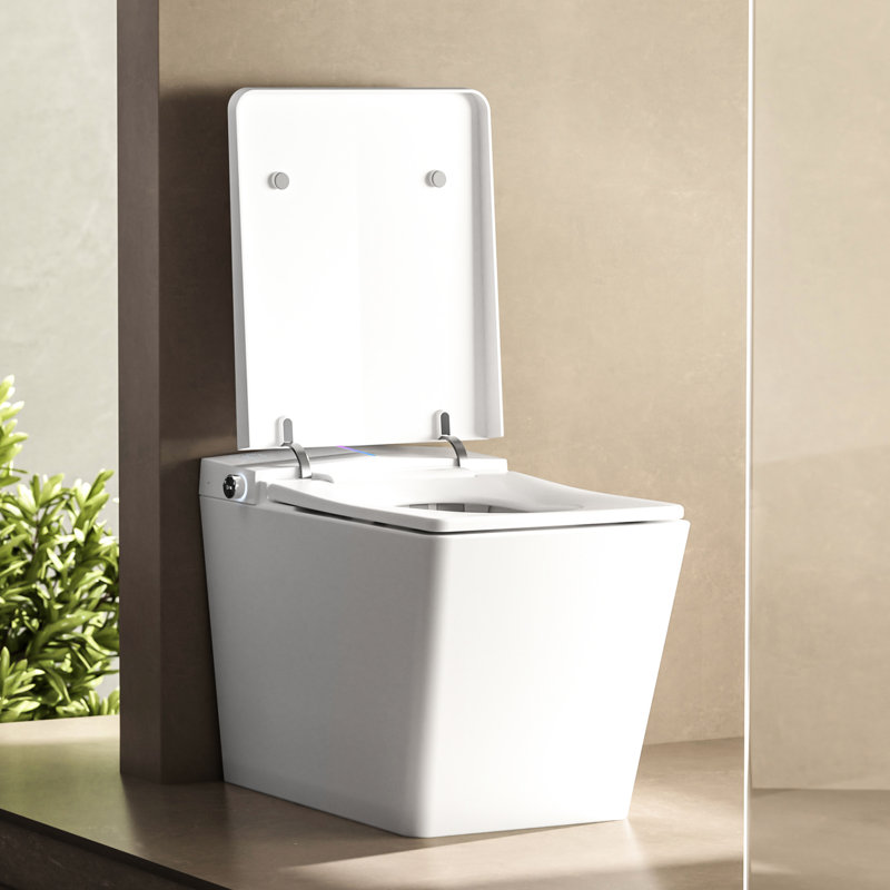 High Square Smart Toilet With Mounted Tank - Remote Managed Flushing, Heated Seat, Led Screen, User Programmable Choices, White Appearance Built-In For Bathroom Operated, Auto Flush, Customizable