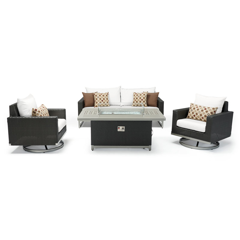 Milo Motion 4 Piece Rattan Sunbrella Sofa Set with Cushions, Canvas Jockey Red Sunbrella® Canvas, Brown