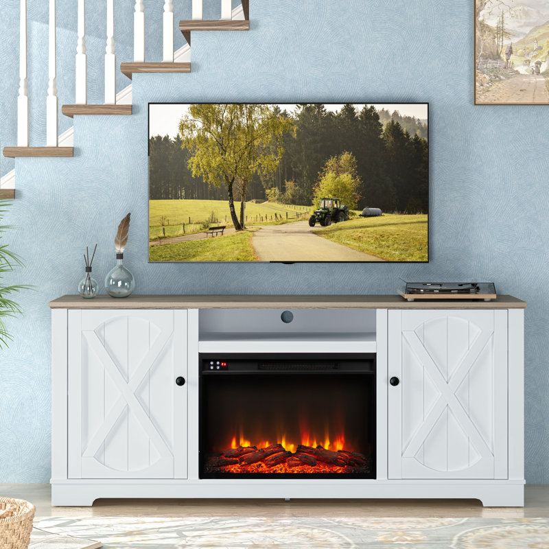 Henrik Farmhouse TV Stand with Electric Fireplace, White