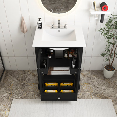 Meuble-lavabo de 24 po en MDF avec lavabo en céramique, armoire de rangement avec portes à fermeture douce, armoire de salle de bain avec tiroir et séparateurs de tiroir
