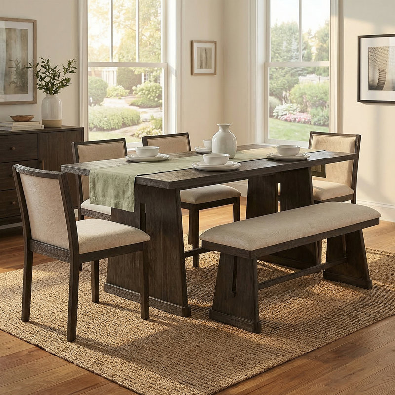 6-Piece Dining Room Set - Upholstered Chairs & Padded Bench For Comfort, Brown