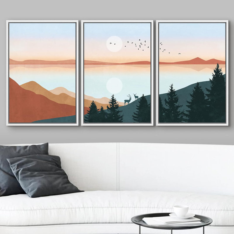 «Pastel Sunset Horizon Mountain», impression sur toile 3 pièces, H 24 po x l 48 po x P 1,5 po, Toile encadrée flottée blanche