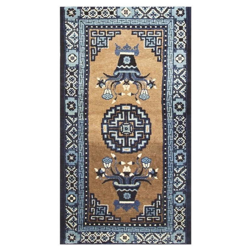 1920s Antique Traditional Brown Medallion Vase Knotted Wool Chinese Art Deco Rug