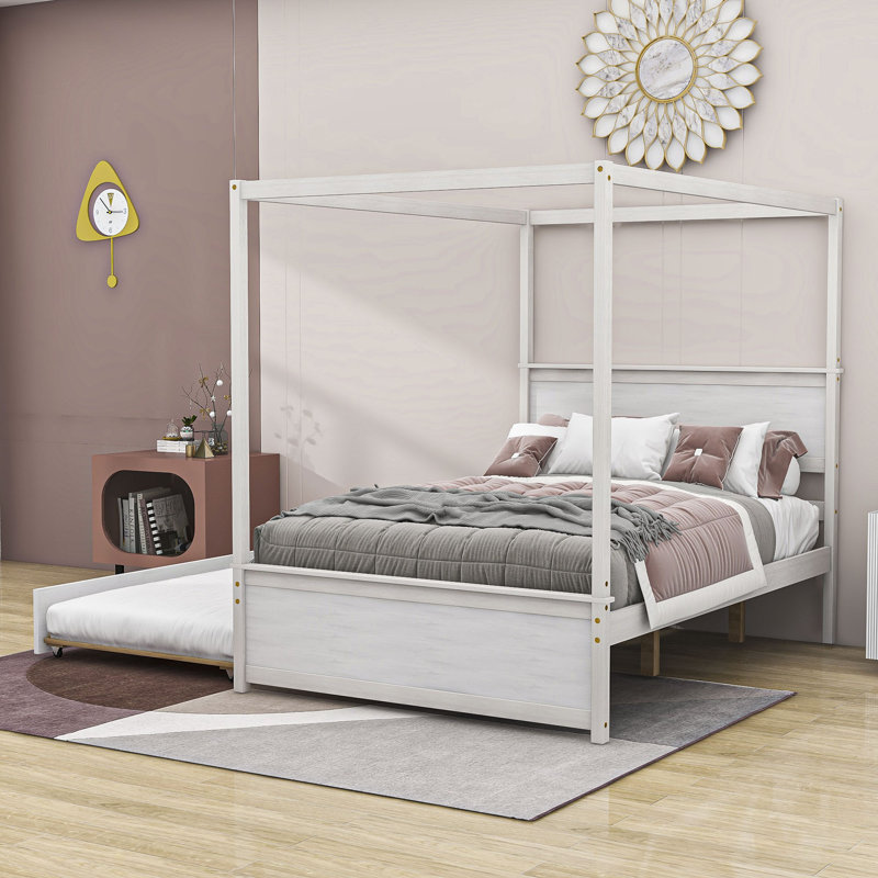 Floyed Liandra Full Size Wooden Canopy Platform Bed with Twin Size Trundle by Red Barrel Studio, White