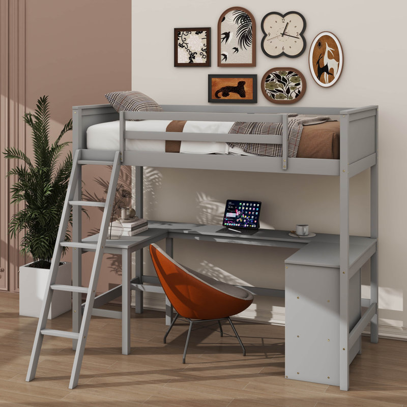 Lit surélevé simple avec tablettes intégrées et zone d'apprentissage, gris