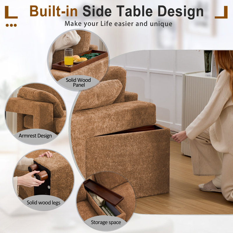 6 - Piece 120.8" Teddy Corner Sectional Sofa Modular Cloud Couch with Ottoman and Storage Side Table, Orange Teddy