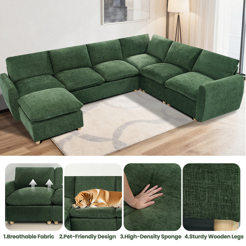 129.13 inch Modular L-Shaped Chenille Sectional Sofa with Pull-Qut Bed, Green Chenille