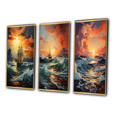«Orange Teal Boat Energetic Storm», 3 pièces sur toile