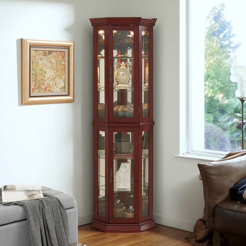 Corner Curio Cabinet with Light And adjustable Shelf, Red
