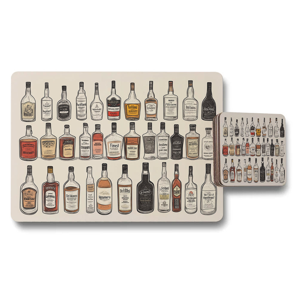 Liquor Bottle Placemats And Coaster Set With Illustrations