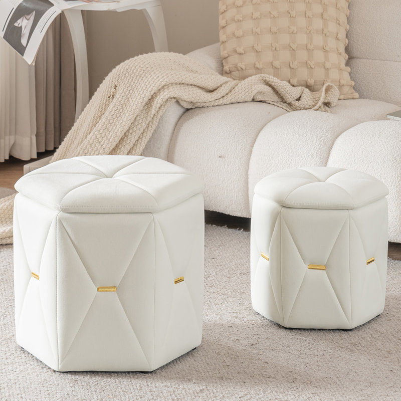 Upholstered Velvet Storage Ottoman with Gold Accents, Ivory