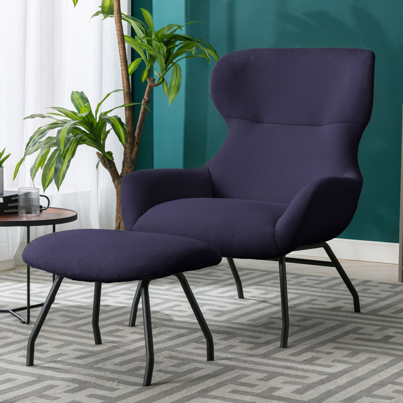Cathalina Fabric Wingback Accent Chair with Ottoman, Blue Polyester Blend