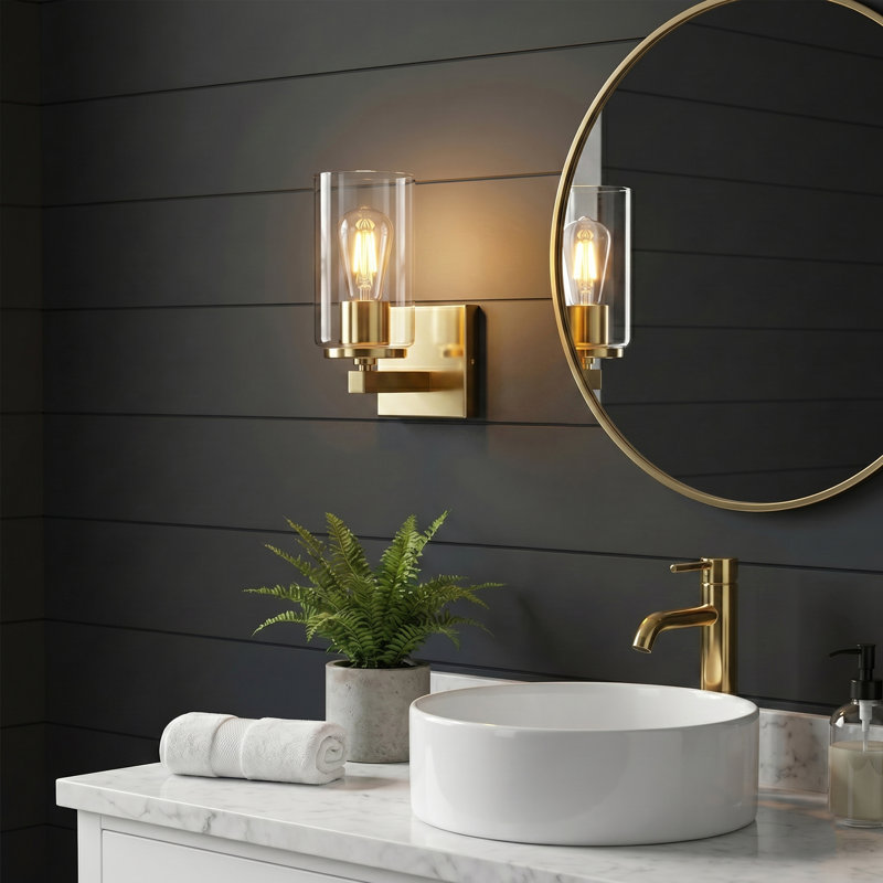 Applique murale pour salle de bain 1 lumière Gabi Meridian avec abat-jour en verre transparent, applique murale moderne, étanche, or