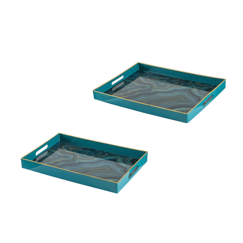 Ensemble de 2 plateaux rectangulaires Fara, conception en marbre, poignée découpée, plastique bleu, Bleu sarcelle / or